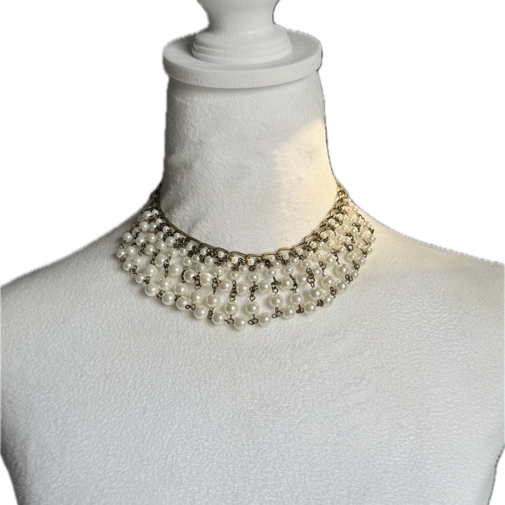 🦪 Elegant Faux Pearl Bib Necklace with Brass Tones by Cookie Lee